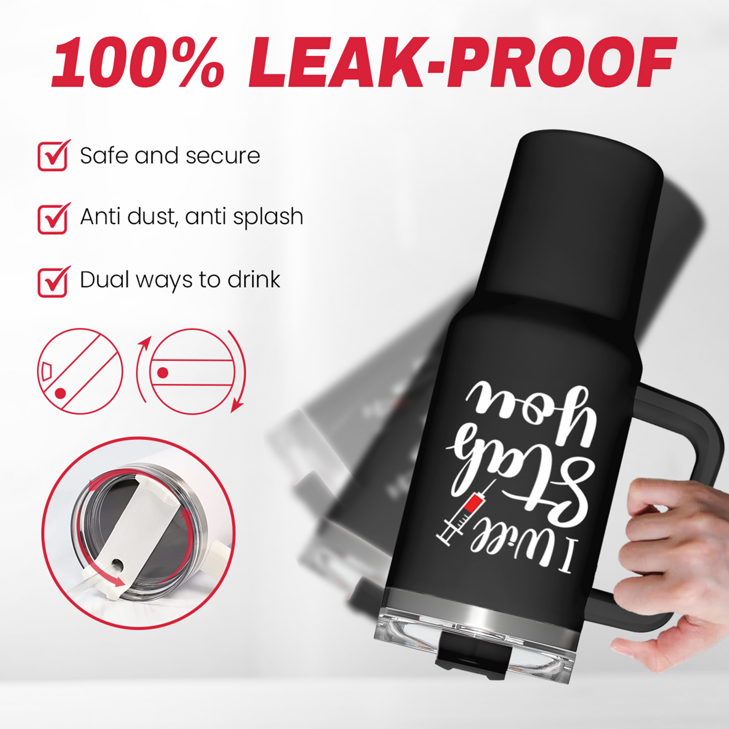 Black 40oz leak-proof tumbler with handle, black lid and secure drinking top