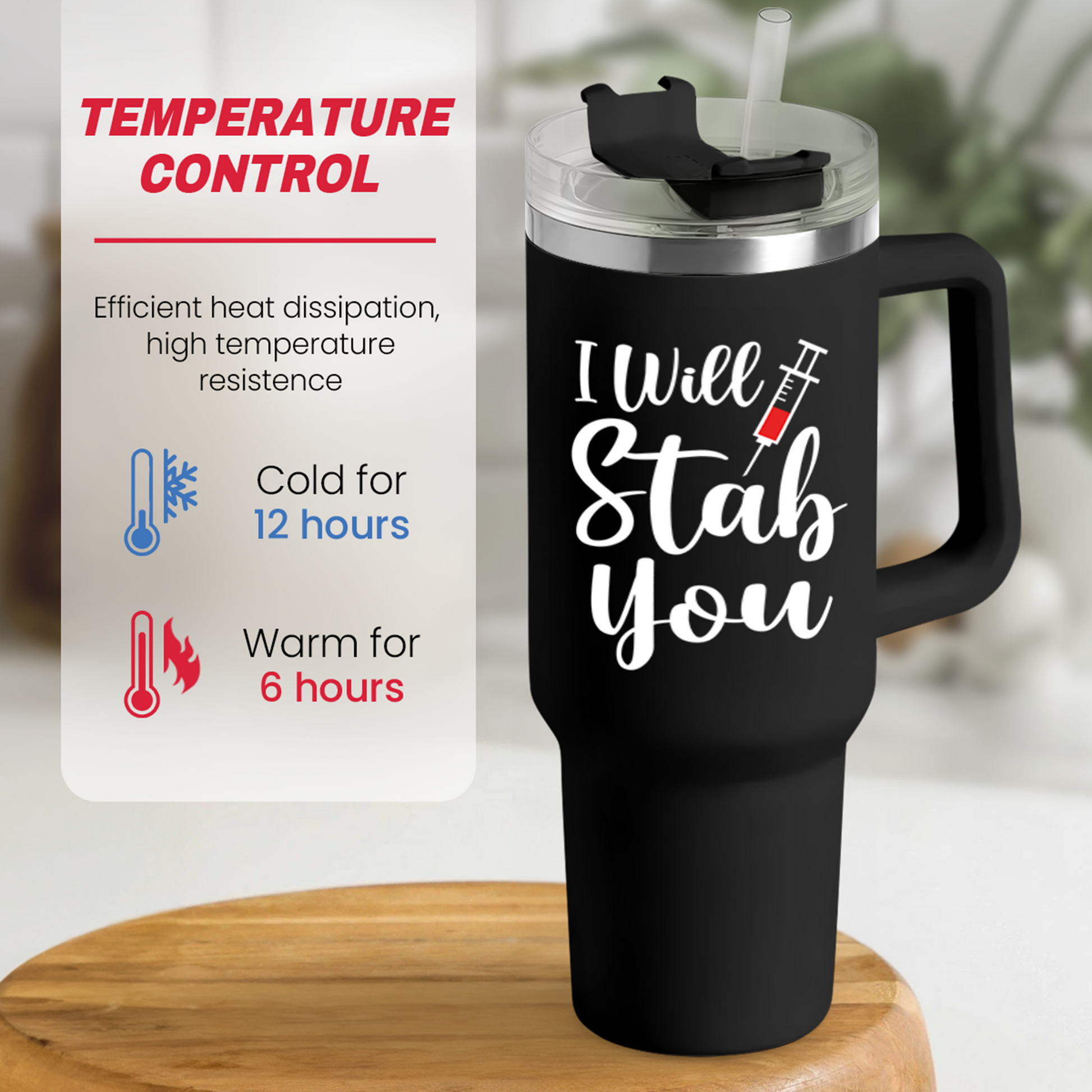 Black 40oz insulated tumbler with handle and clear lid, temperature control design