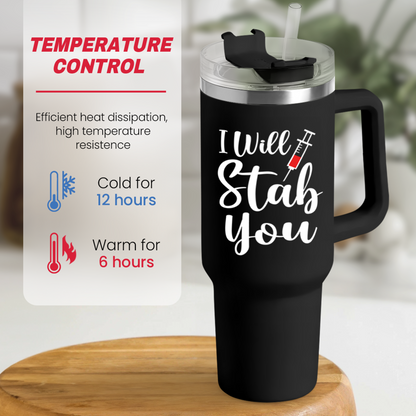 Black 40oz insulated tumbler with handle and clear lid, temperature control design