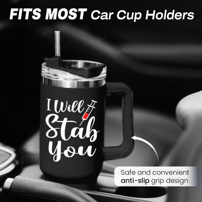 Black 40oz tumbler with handle for car cup holders, anti-slip grip design