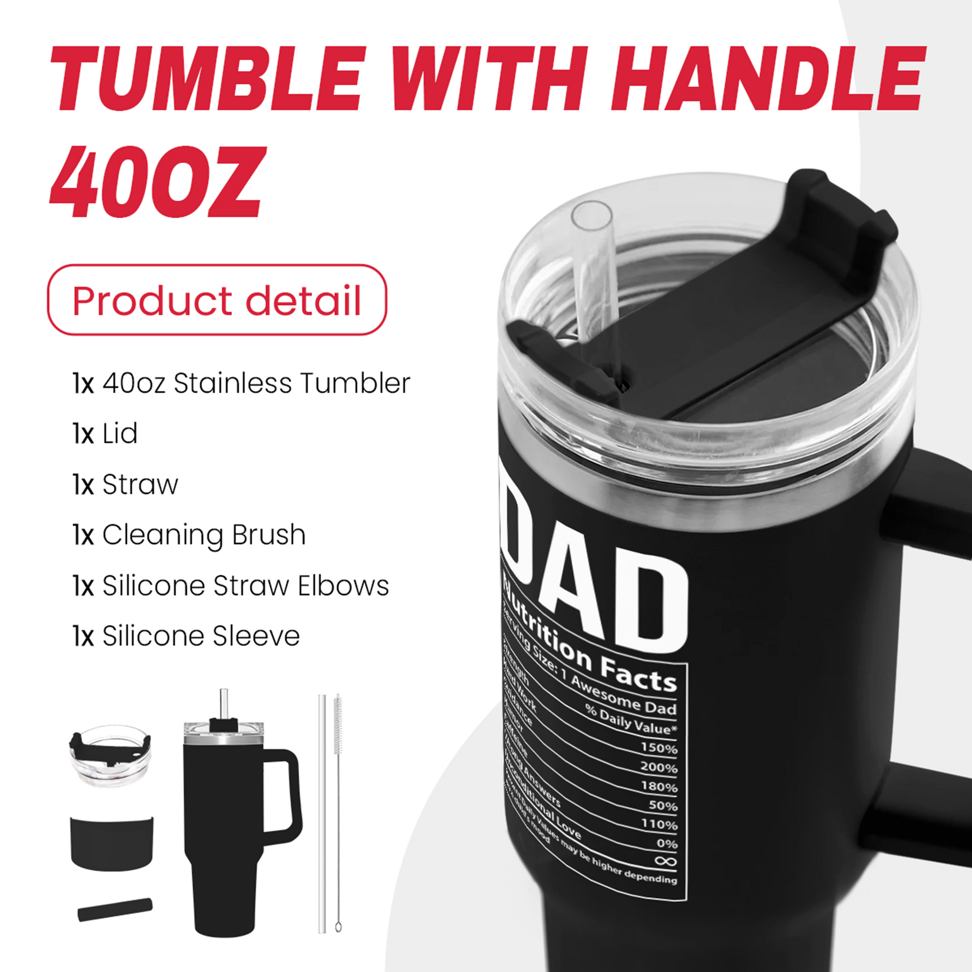 Black 40oz tumbler with handle, clear lid and straw, accessories shown