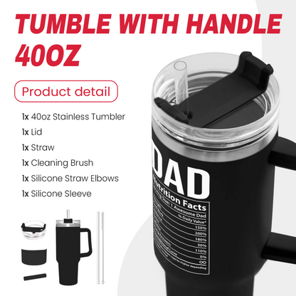 Black 40oz tumbler with handle, clear lid and straw, accessories shown