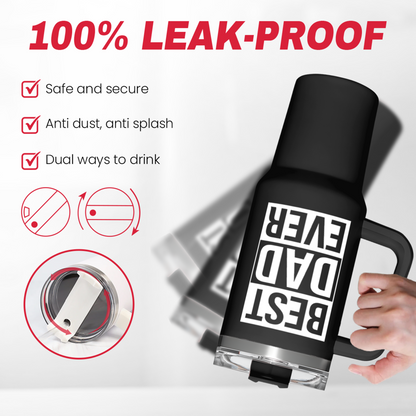Black tumbler with handle and flip lid, “BEST DAD EVER” design, anti-leak style