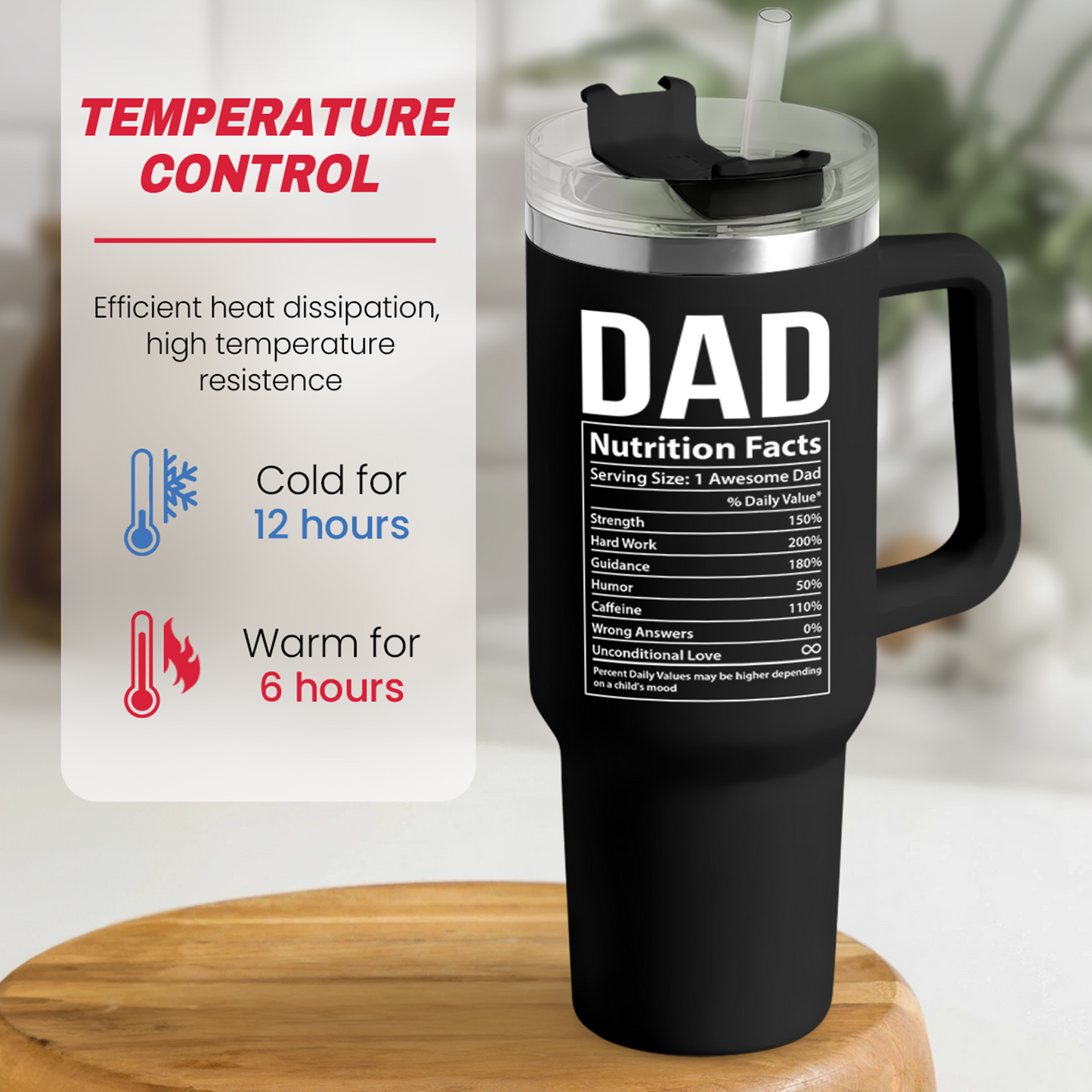 Black 40oz tumbler with handle, “DAD Nutrition Facts” label on front, clear lid