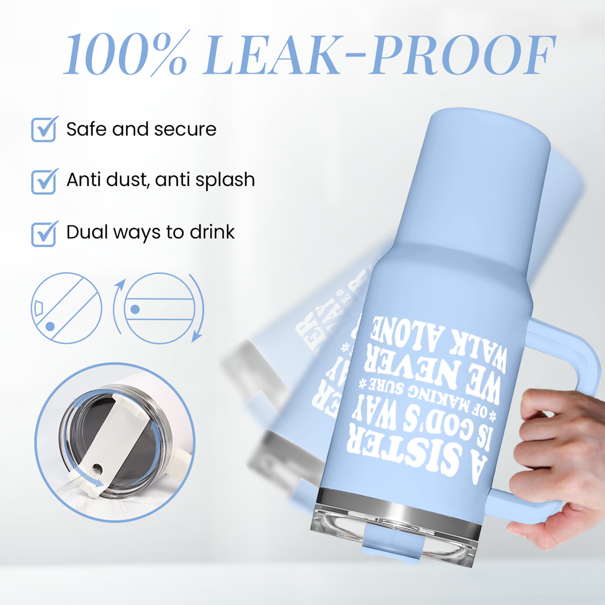 Light blue 40oz tumbler with handle, closed lid, and “A SISTER…” quote graphic
