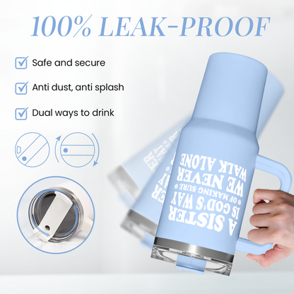 Light blue 40oz tumbler with handle, closed lid, and “A SISTER…” quote graphic