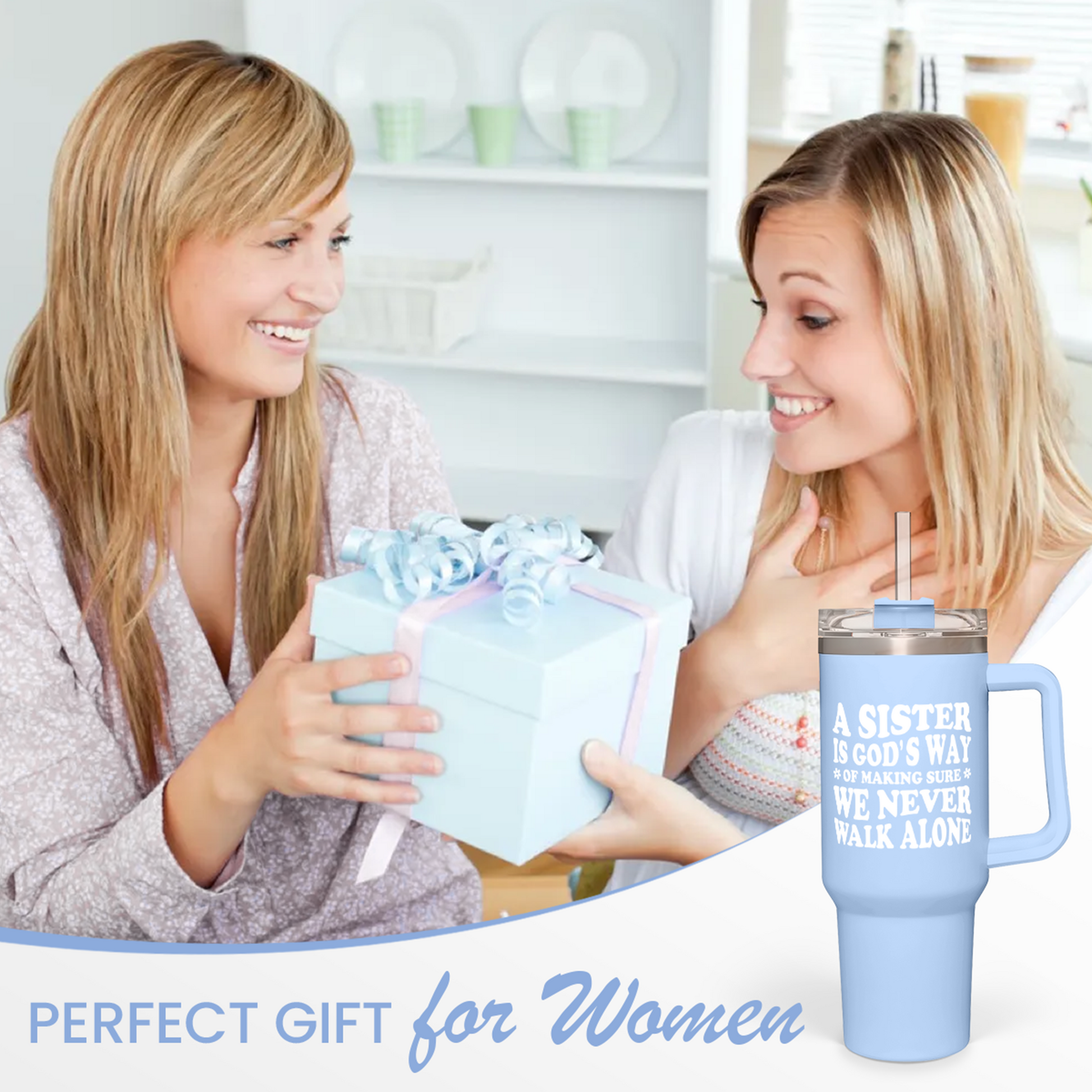 Light blue 40oz tumbler with handle and straw; “A SISTER…” quote graphic, gift-ready