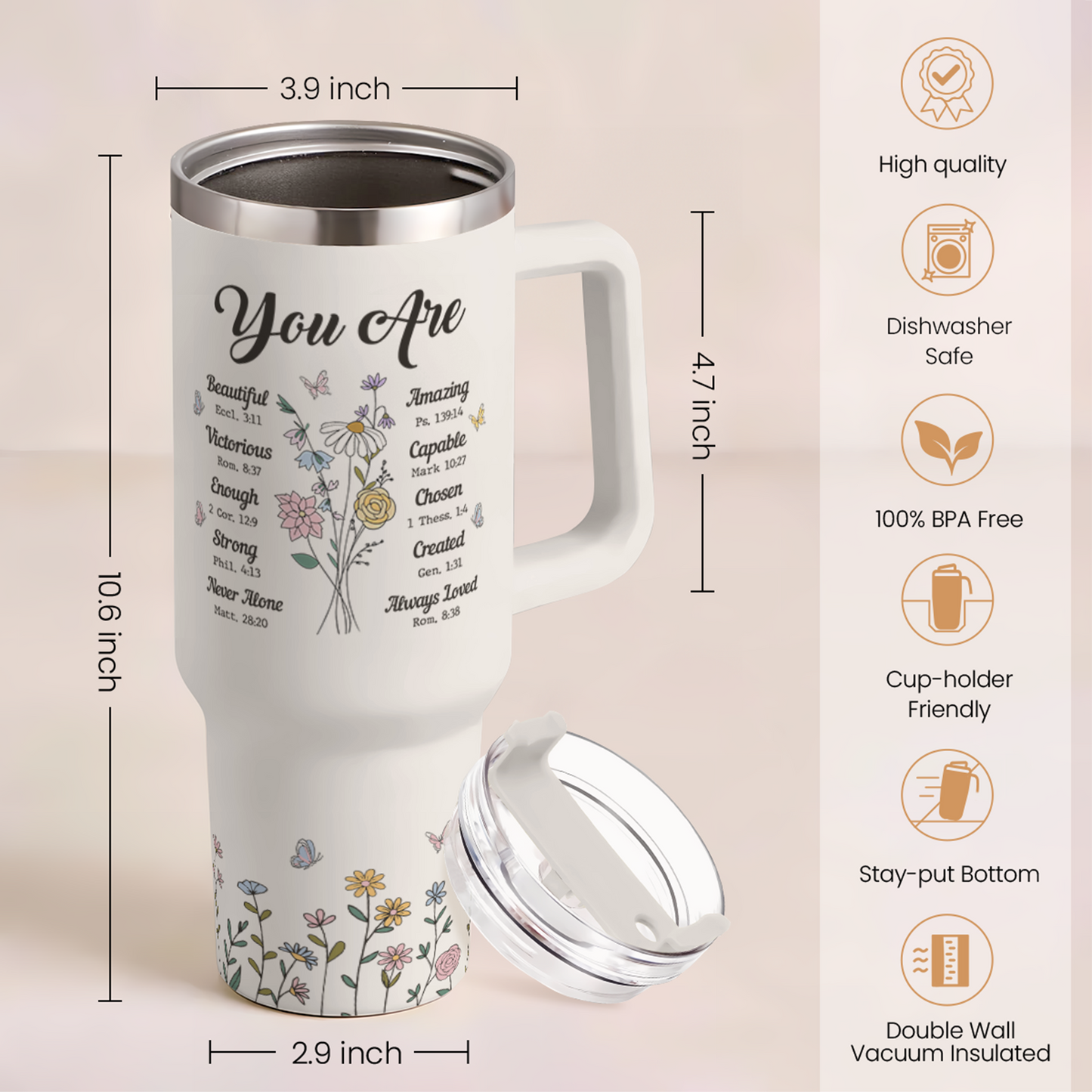 White 40oz insulated tumbler with handle, “You Are” floral and butterfly print, lid