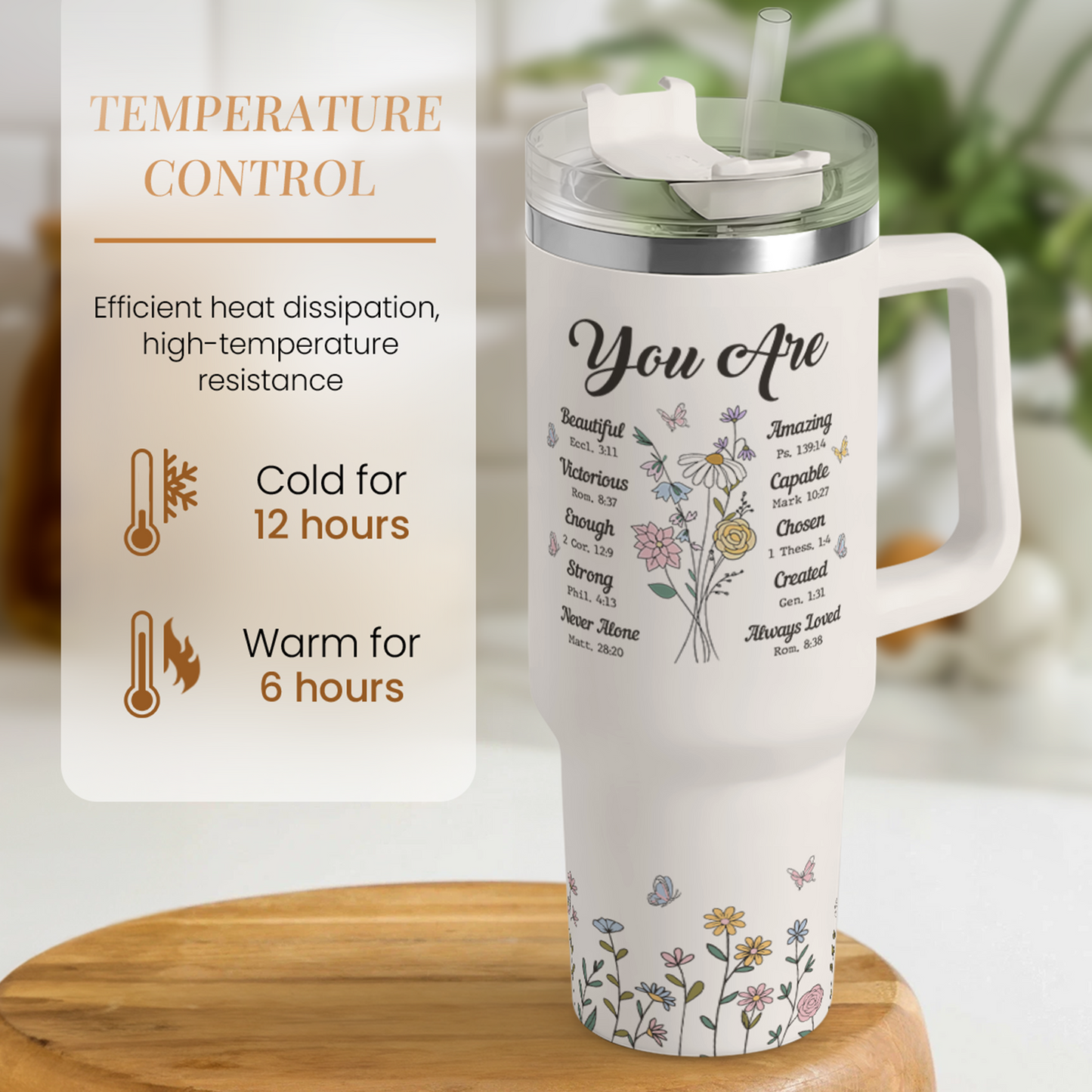 White 40oz tumbler with handle, “You Are” floral artwork and closed drink lid