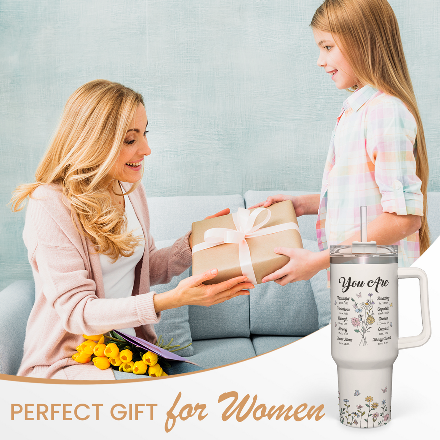 White 40oz handled tumbler with “You Are” quote and colorful garden flower/butterfly art