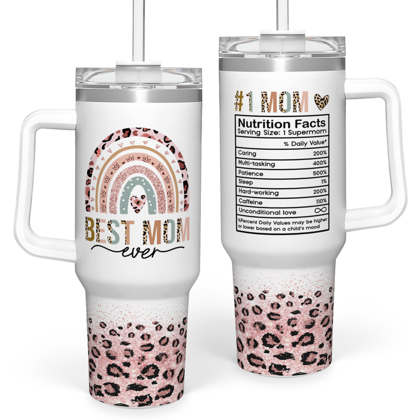 White handle tumbler, 40oz, straw lid; leopard-print base with rainbow Best Mom graphic