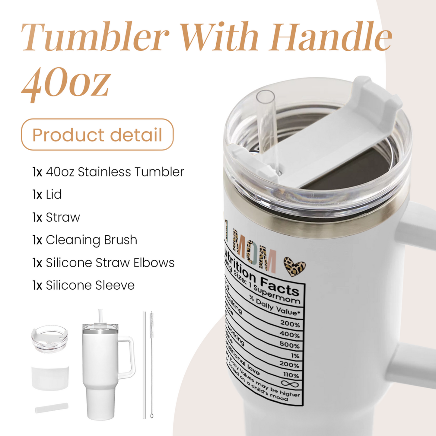 White 40oz tumbler with handle; lid and straw shown, leopard base and Nutrition Facts panel