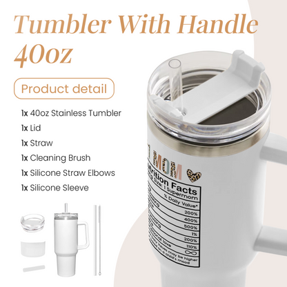 White 40oz tumbler with handle; lid and straw shown, leopard base and Nutrition Facts panel