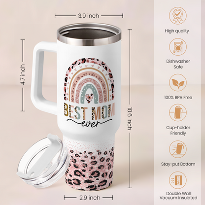 White handled tumbler with rainbow Best Mom graphic and leopard-print base; size markers shown