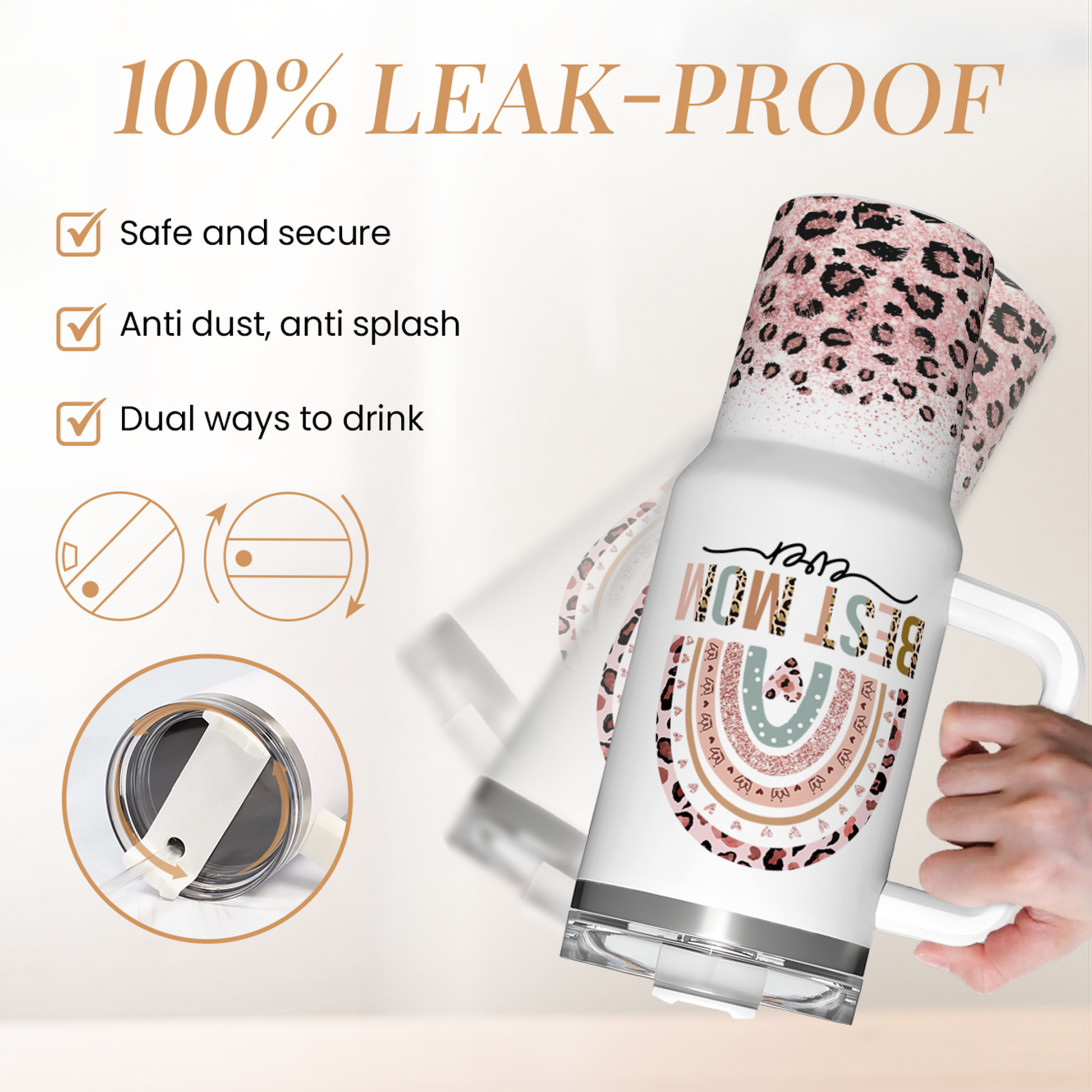 White leak-proof tumbler with straw lid; leopard-print base and rainbow Best Mom graphic