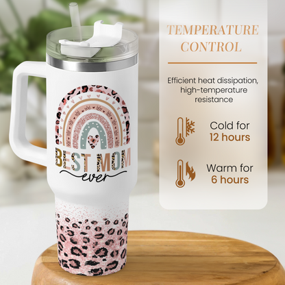 White 40oz tumbler with straw lid; rainbow Best Mom design and leopard-print base