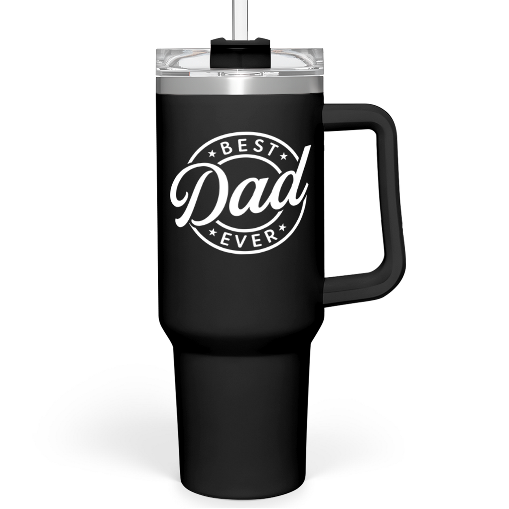 Black 40oz tumbler with handle and clear lid, printed “Best Dad Ever” logo.