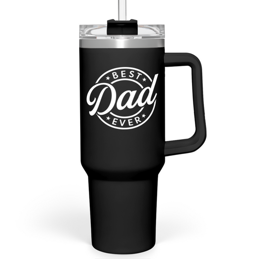 Black 40oz tumbler with handle and clear lid, printed “Best Dad Ever” logo.