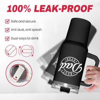 Matte black 40oz tumbler with handle and fitted lid; “Best Dad Ever” logo.