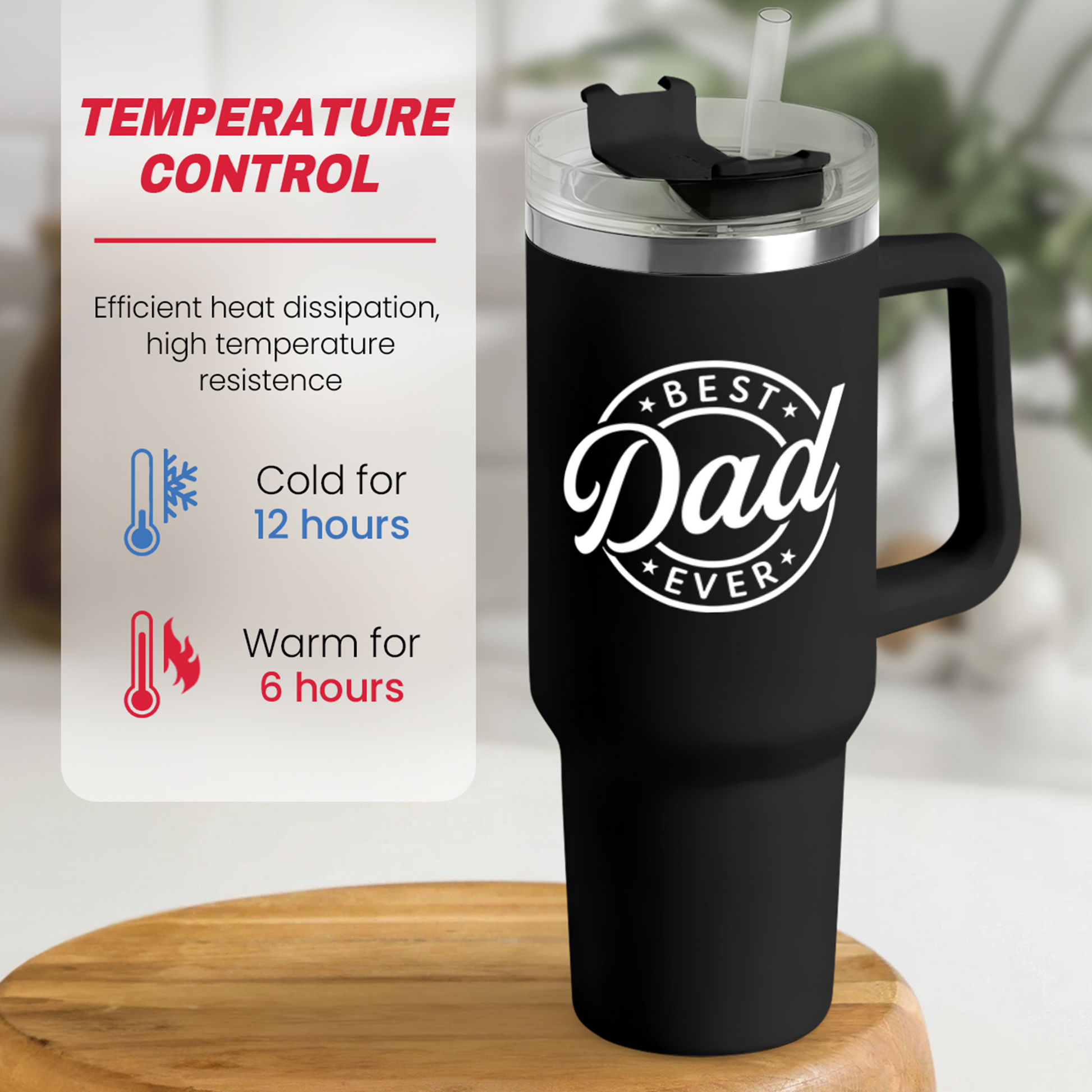 Black 40oz tumbler with handle and open clear lid, printed “Best Dad Ever” logo.