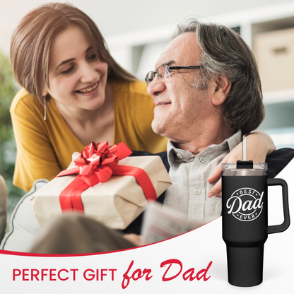 Black 40oz tumbler with handle and clear lid; “Best Dad Ever” logo.