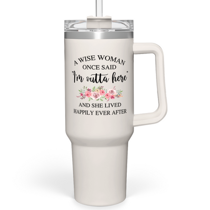 White 40oz tumbler with handle, floral quote print and clear flip-top lid