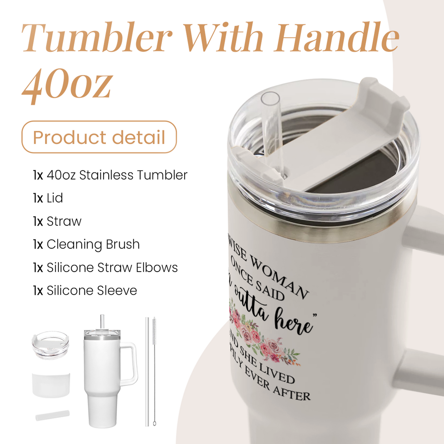 White 40oz tumbler with handle, clear lid and straw, with included cleaning accessories