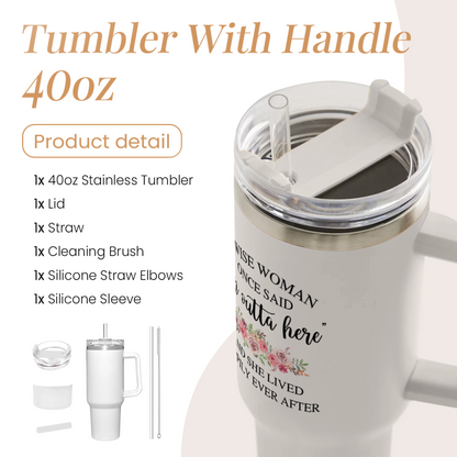 White 40oz tumbler with handle, clear lid and straw, with included cleaning accessories