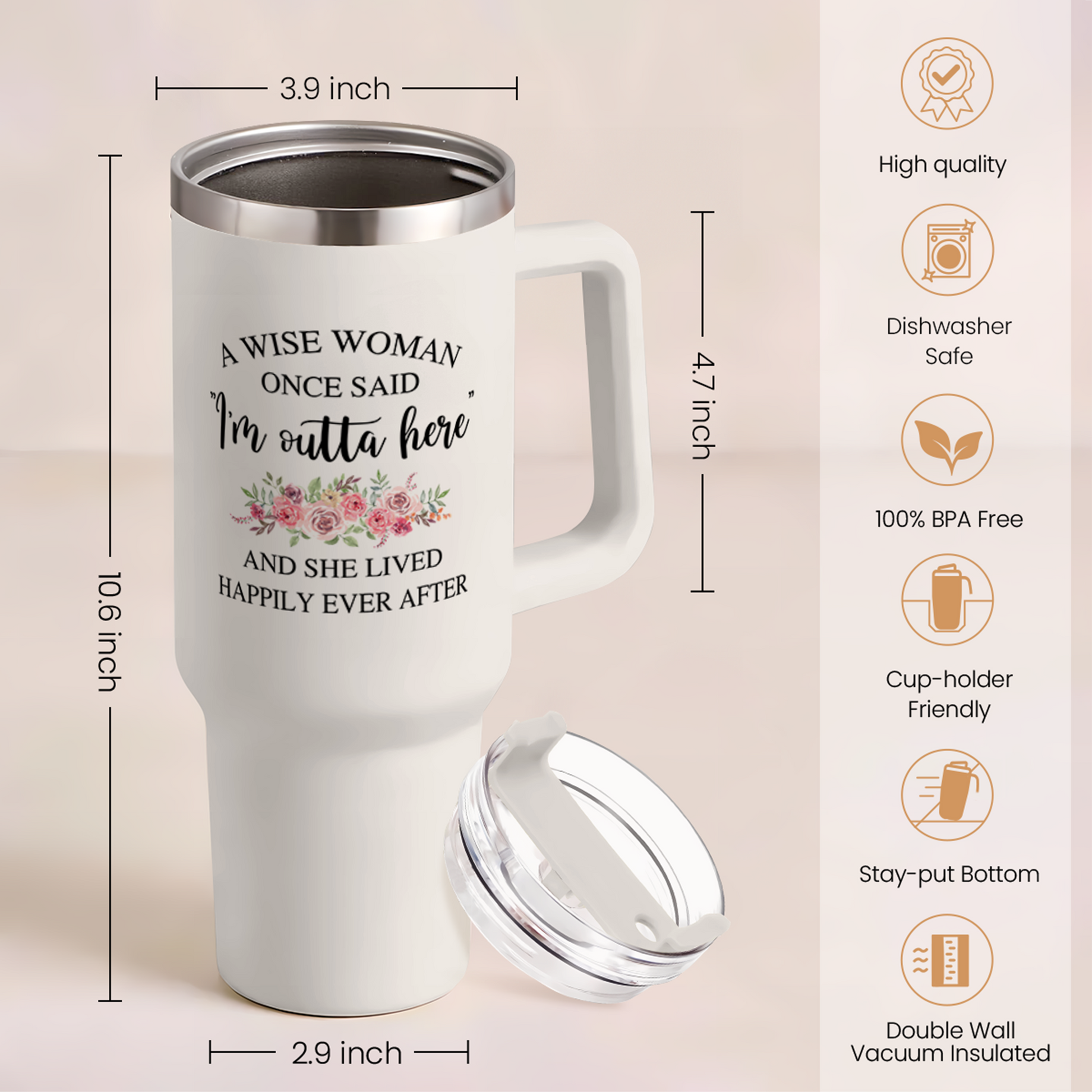 White 40oz tumbler with handle and clear lid, double-wall insulated build