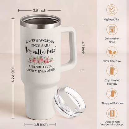 White 40oz tumbler with handle and clear lid, double-wall insulated build