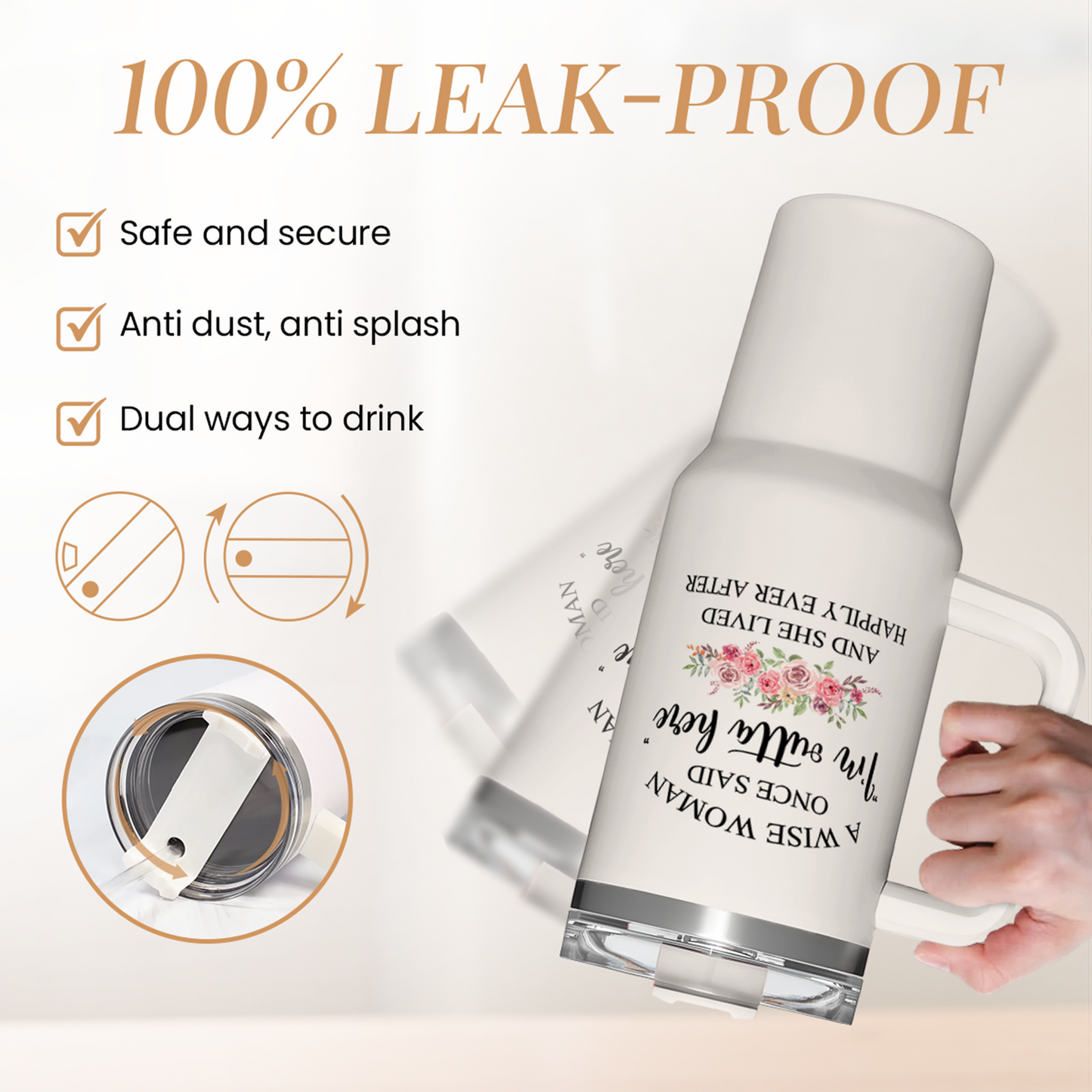 White 40oz tumbler with handle and secure lid, leak-proof cup design