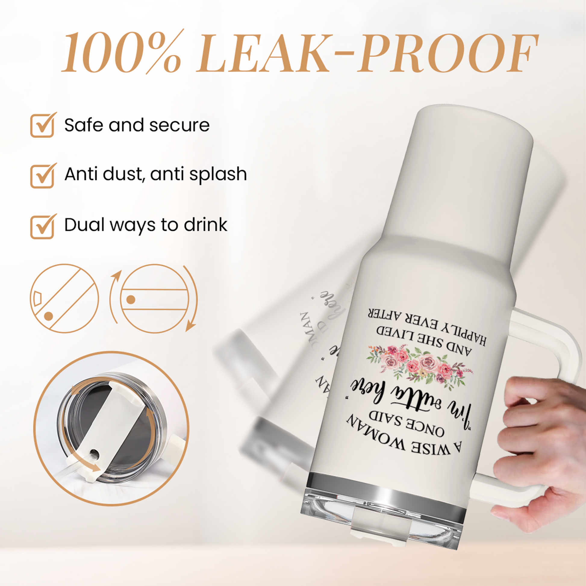 White 40oz tumbler with handle and secure lid, leak-proof cup design