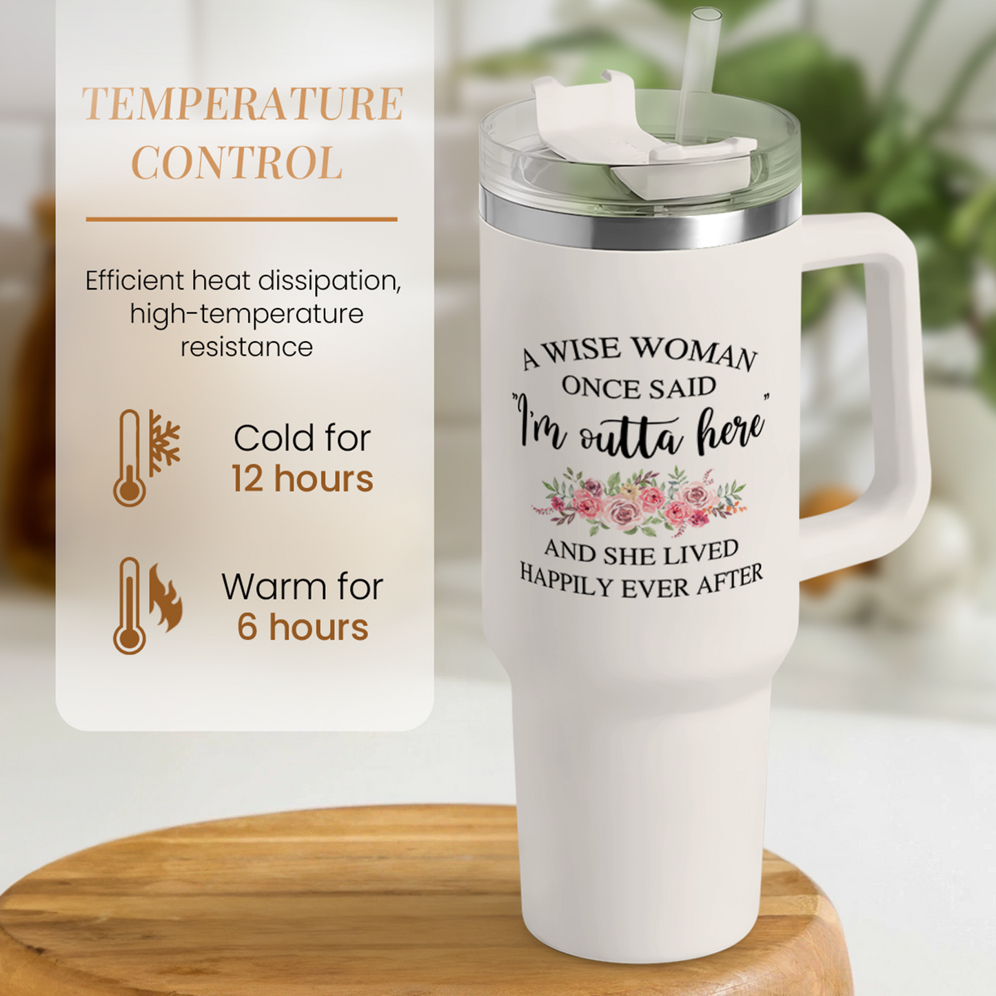 White 40oz tumbler with handle and clear lid, floral quote print