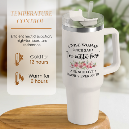 White 40oz tumbler with handle and clear lid, floral quote print