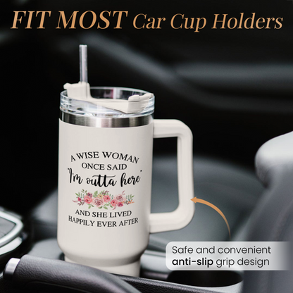 White 40oz tumbler with handle, clear lid, designed for car cup holders
