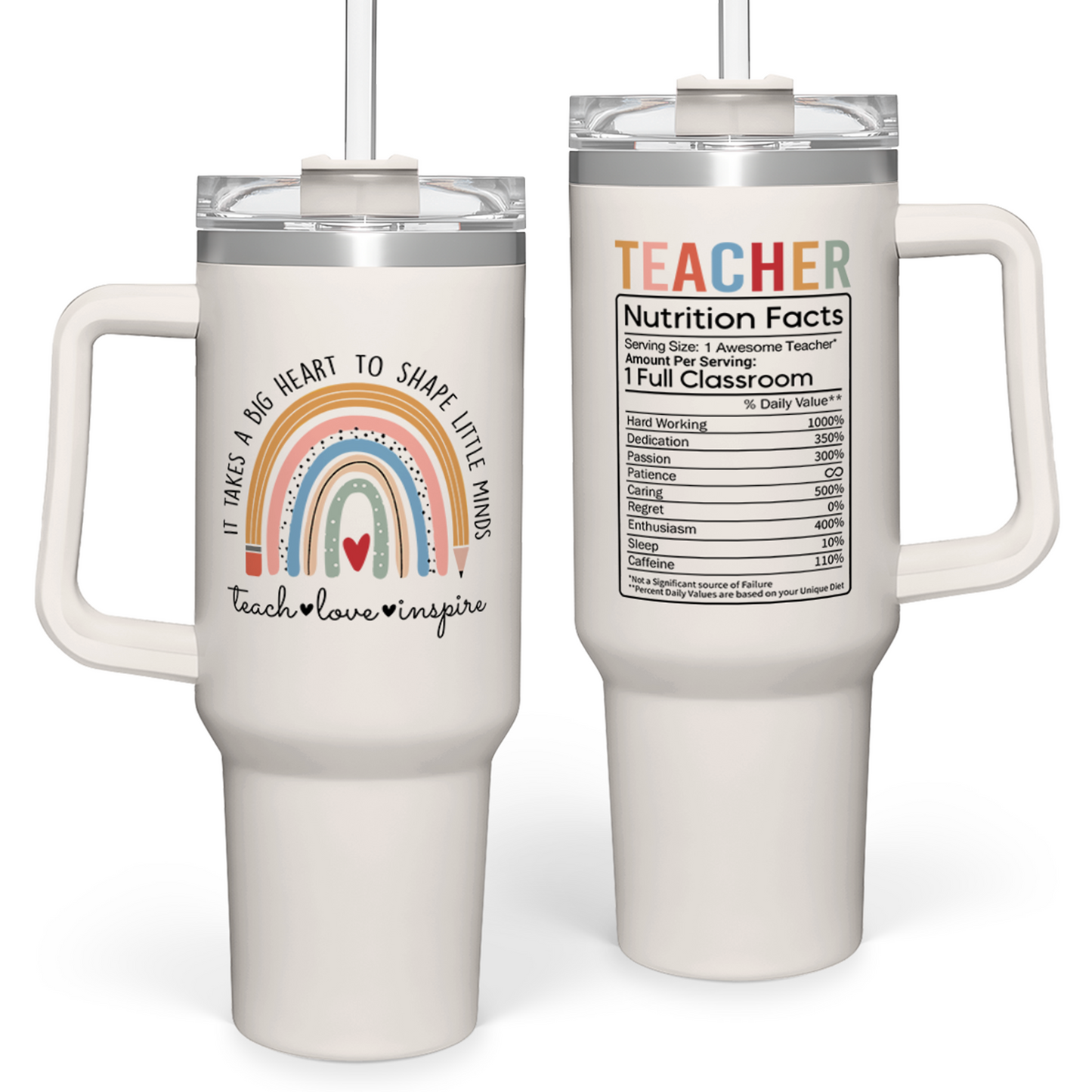 White 40oz tumbler with handle, clear lid and straw; Teacher Nutrition Facts graphic
