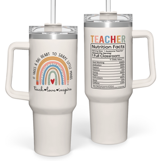 White 40oz tumbler with handle, clear lid and straw; Teacher Nutrition Facts graphic