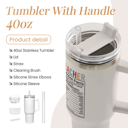 White 40oz tumbler with handle; transparent lid and straw with accessory details