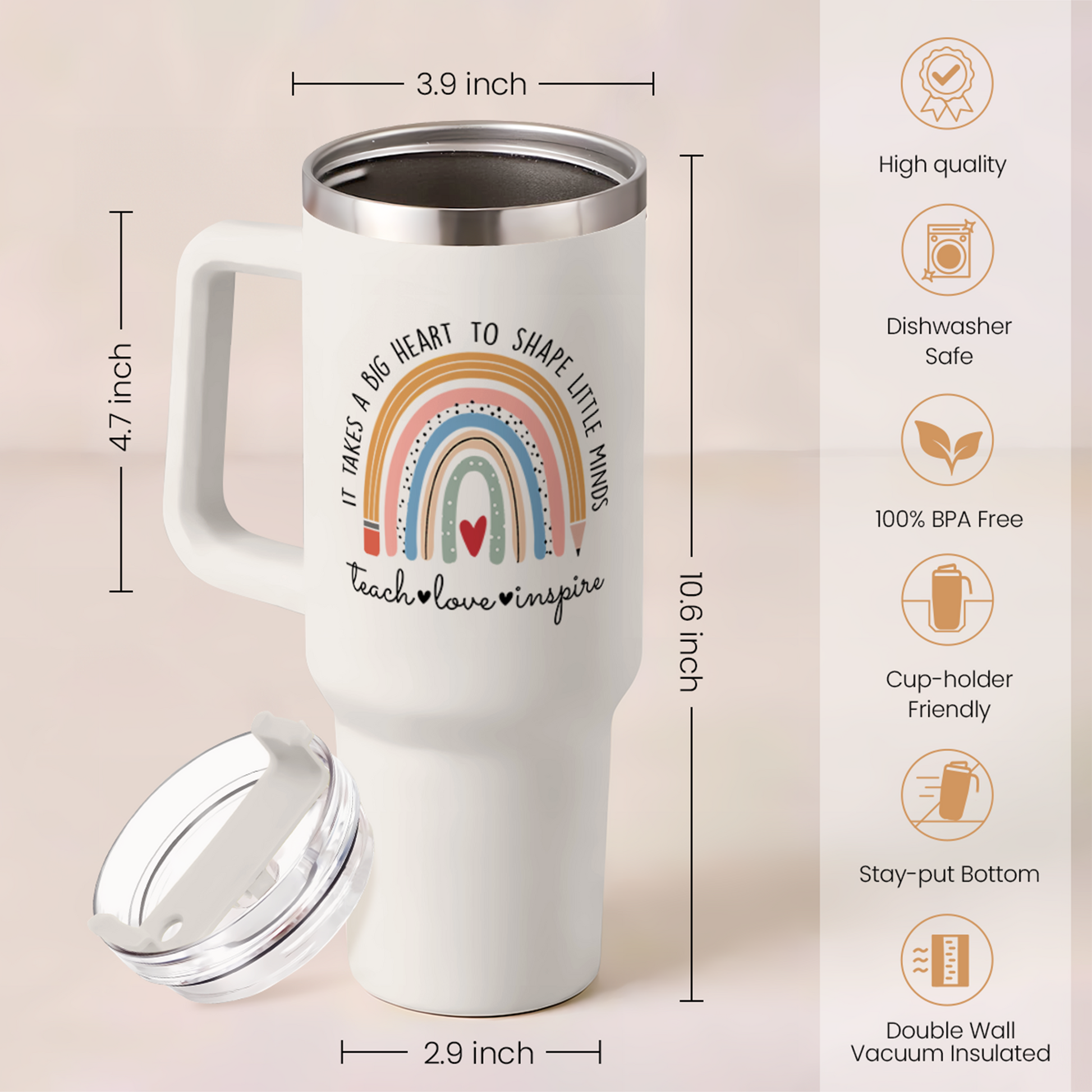 White 40oz tumbler with handle and wide base; double-wall insulated design