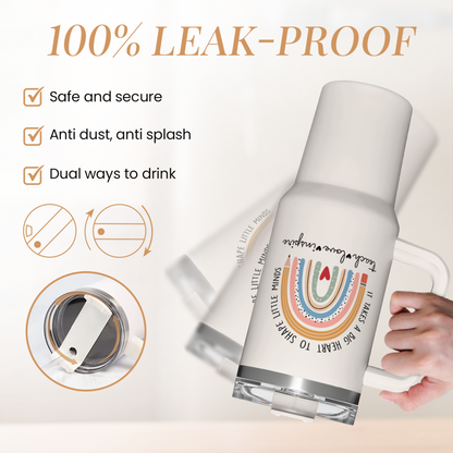 White 40oz tumbler with handle, leak-proof secure lid and anti-splash design