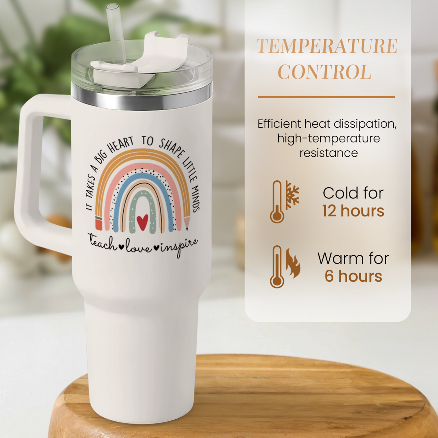 White 40oz tumbler with handle; temperature control with straw and clear lid