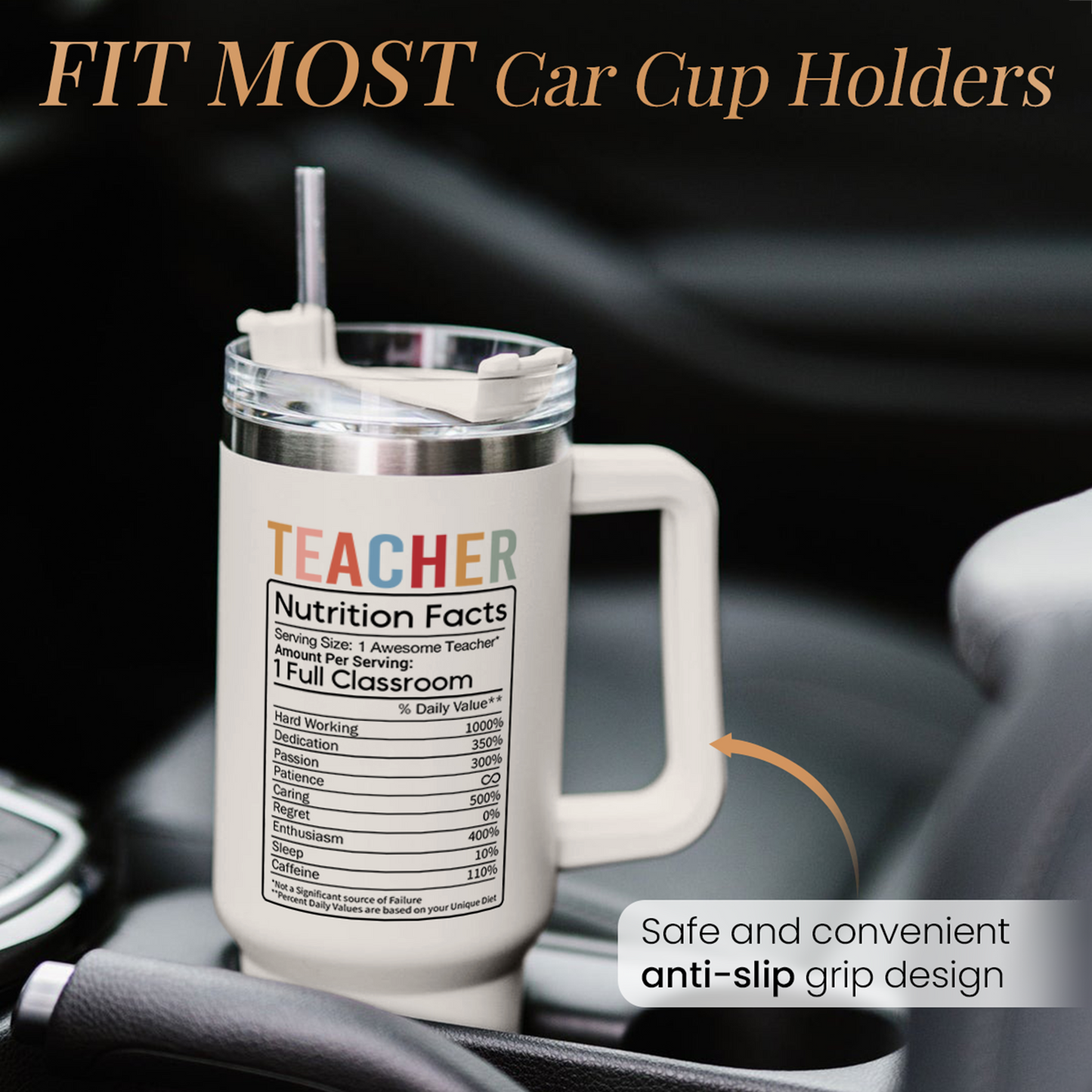 White 40oz tumbler with handle; fits car cup holders with anti-slip grip