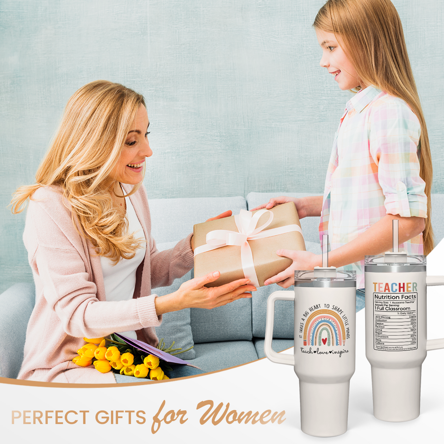 White 40oz tumbler with handle and straw; Teacher graphic for gifting occasions
