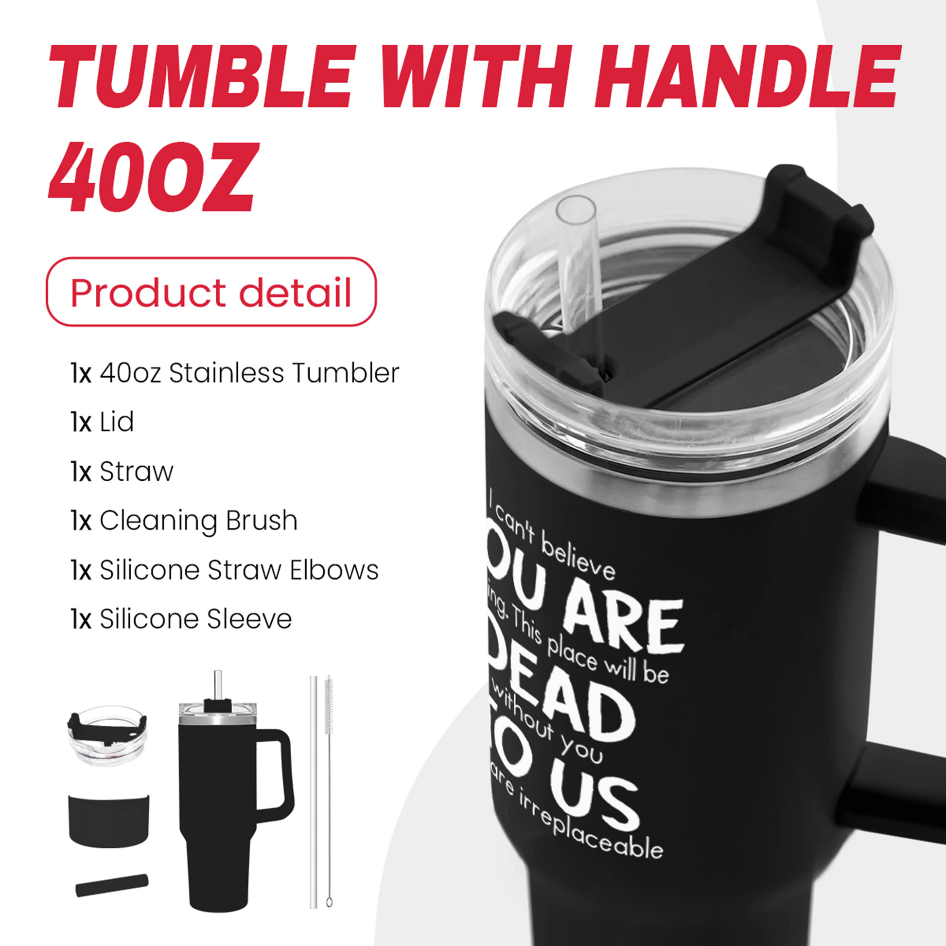 Black 40oz tumbler with handle, clear lid and straw, open top with accessories.