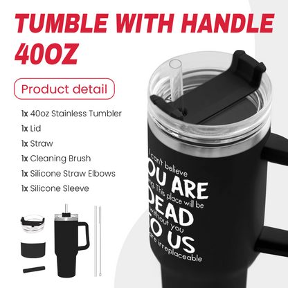 Black 40oz tumbler with handle, clear lid and straw, open top with accessories.