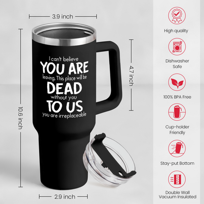 Black tumbler with handle and clear lid, plus side straw attachment and cup dimensions.