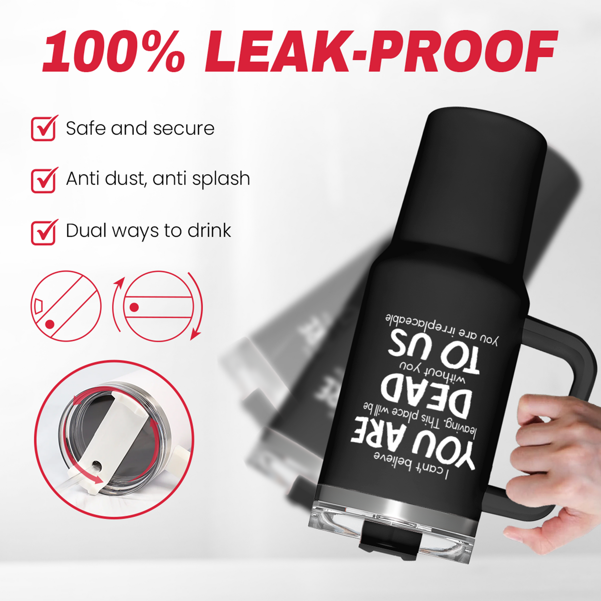 Black tumbler with handle and sealed lid, dual drinking openings for splash-resistant use.