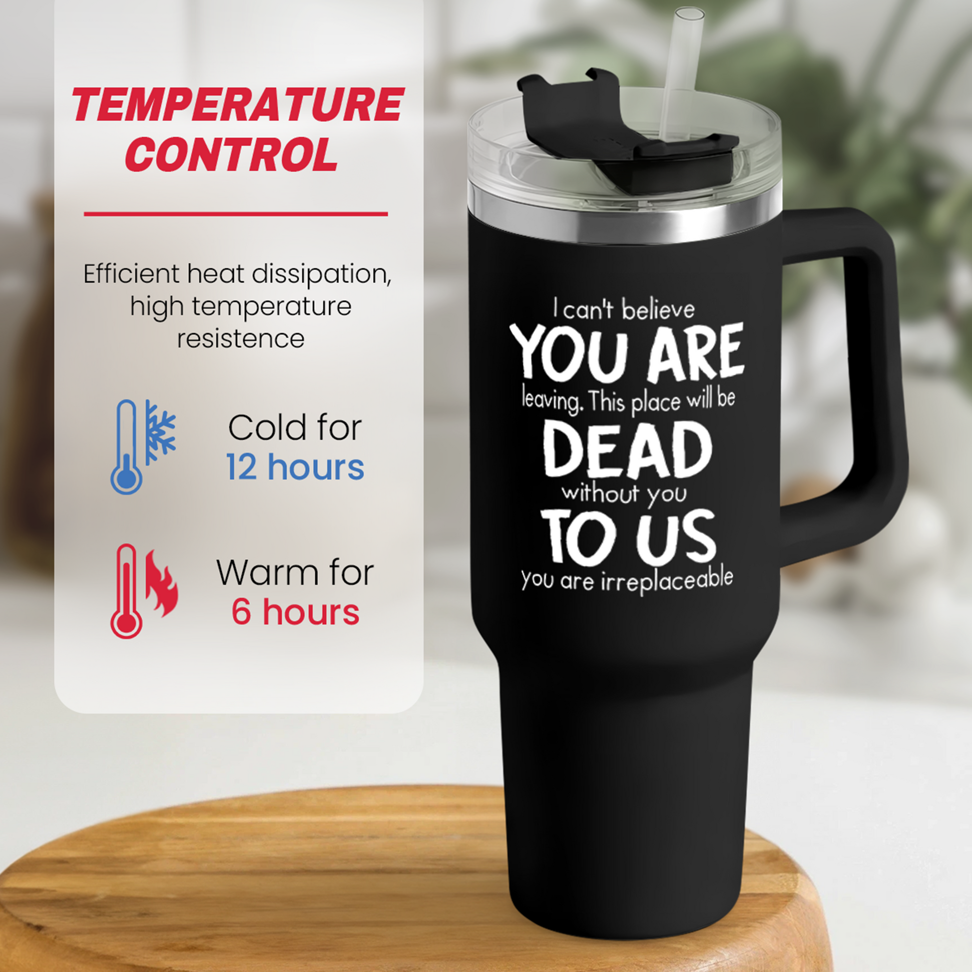 Black 40oz tumbler with handle, clear lid and straw, designed for hot or cold drinks.