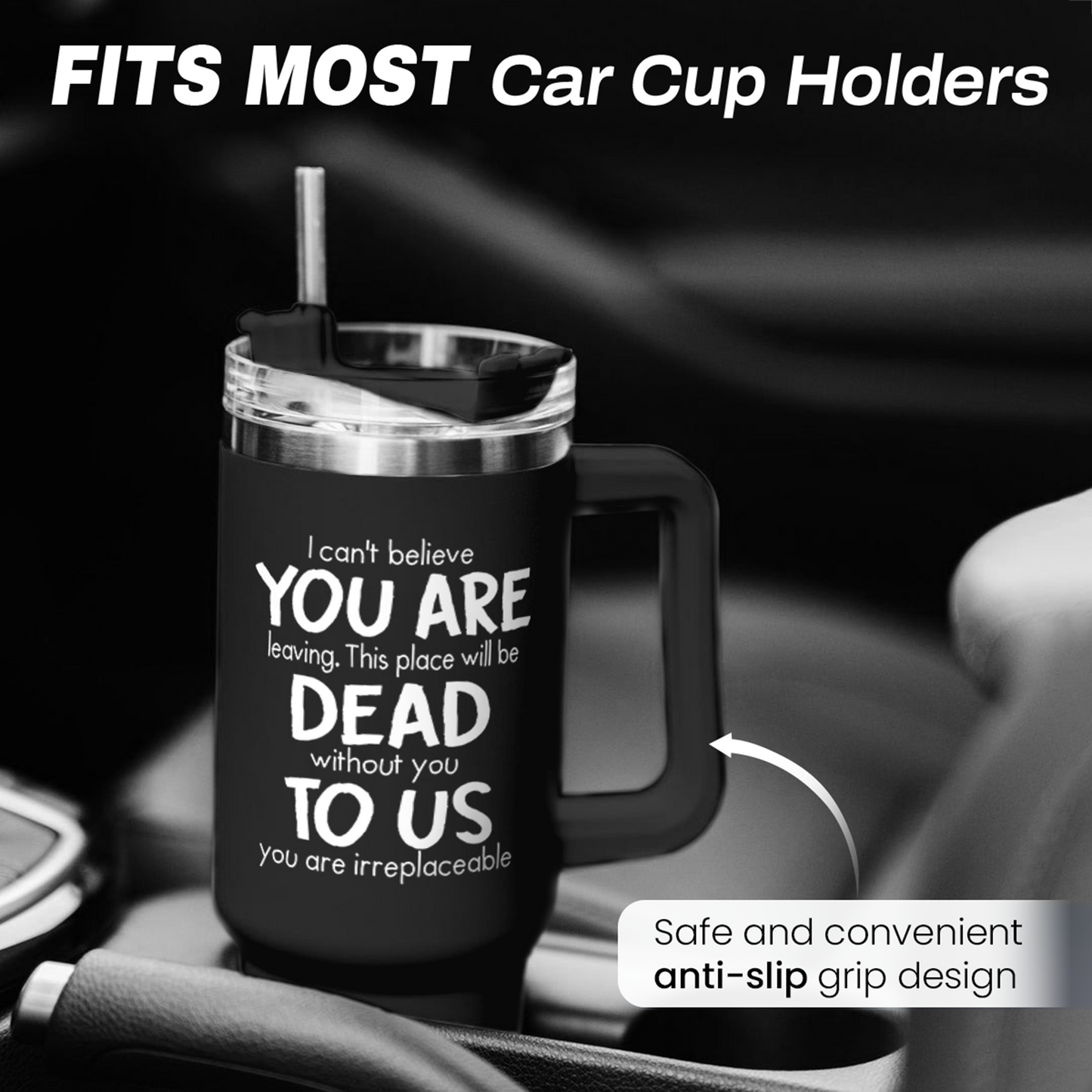 Black tumbler with handle and leak-resistant lid, sized to fit most car cup holders.