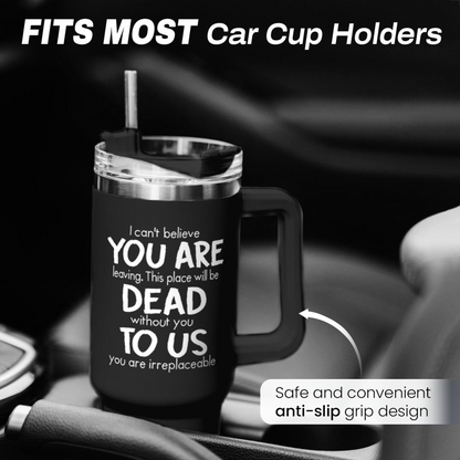 Black tumbler with handle and leak-resistant lid, sized to fit most car cup holders.